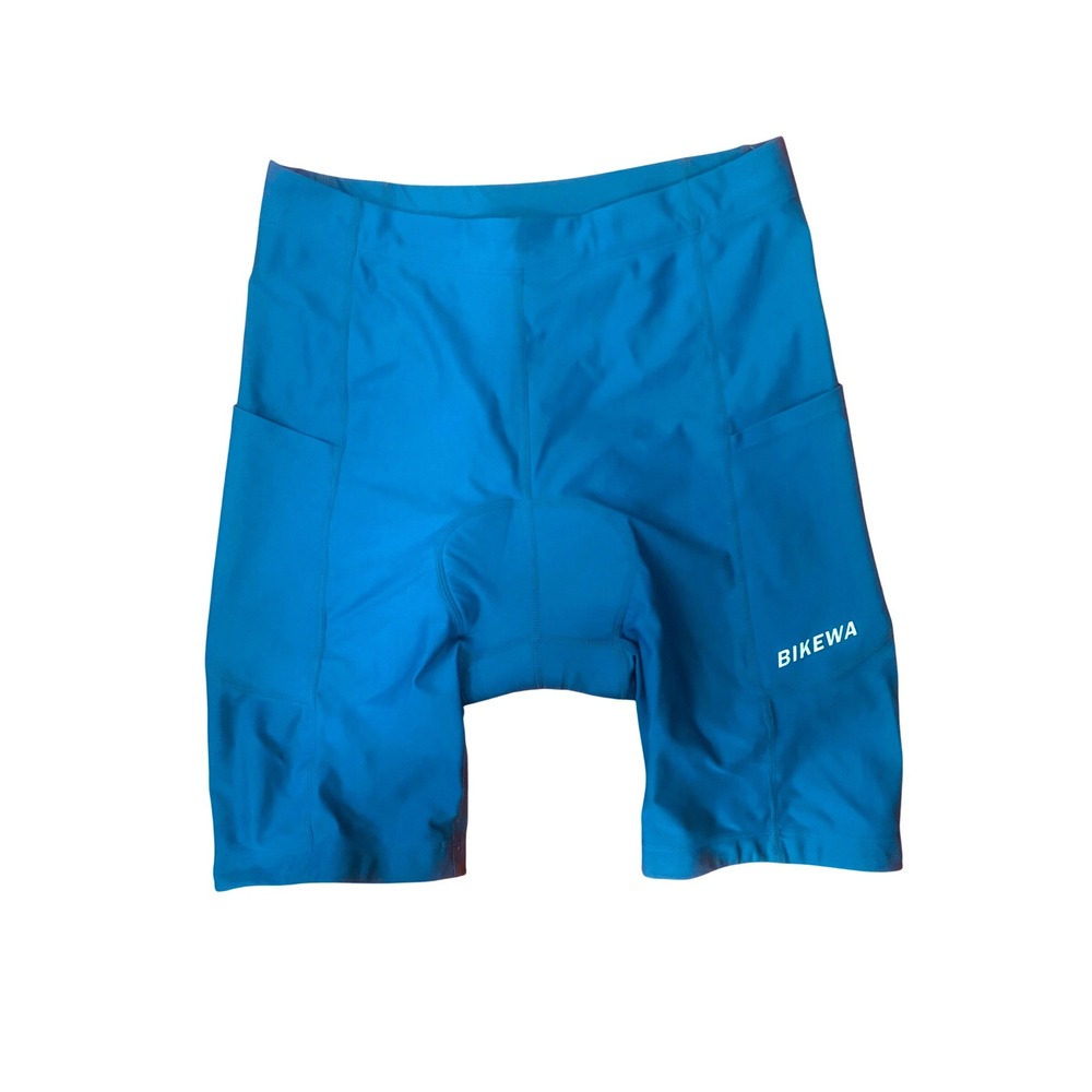 Bikewa Men Blue Padded Cycling Shorts Large Side Pockets Rear Zip Pocket